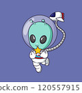 Cute alien wearing astronaut suit and holding a star Cartoon Vector Icon Illustration. Scene space Icon Concept Isolated Premium Vector 120557915