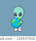 Cute alien holding big globe Cartoon Vector Icon Illustration. Scene planets Icon Concept Isolated Premium Vector 120557916