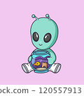 Cute alien holding an aquarium with a fish Cartoon Vector Icon Illustration. Scene marine life Icon Concept Isolated Premium Vector 120557913