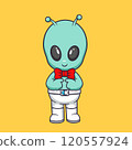 Cute Alien wearing bow tie to party Cartoon Vector Icon Illustration. Scene party Icon Concept Isolated Premium Vector 120557924