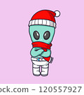 Cute alien is posing wearing a winter hat and scarf Cartoon Vector Icon Illustration. Scene winter season Icon Concept Isolated Premium Vector 120557927