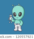 Cute alien holding a robot toy Cartoon Vector Icon Illustration. Scene technology Icon Concept Isolated Premium Vector 120557921