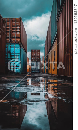 row of shipping containers reflects in puddles on rainy day, showcasing vibrant colors and dramatic sky. scene evokes sense of industrial beauty and solitude 120568847