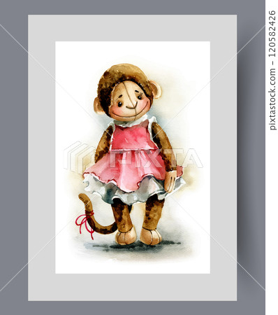 Plush monkey doll dressed in pink dress of little girl on wall art. Watercolor artwork 120582426