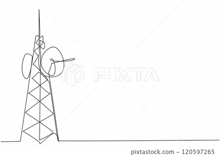 Single continuous line drawing a radio tower stands tall against the sky. The infrastructure and technology behind radio broadcasting. Connecting. World Radio Day. One line design vector illustration 120597265