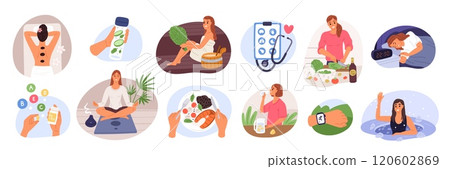 Healthy lifestyle scenes. People take care of body. Physical activity. Timely rest. Hydration drink. Hardening and fresh diet food. Vitamin support. Yoga meditation. Garish vector set 120602869