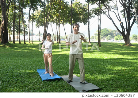 Calm middle aged man and young woman practicing Tai Chi standing in graceful poses in picturesque park 120604387