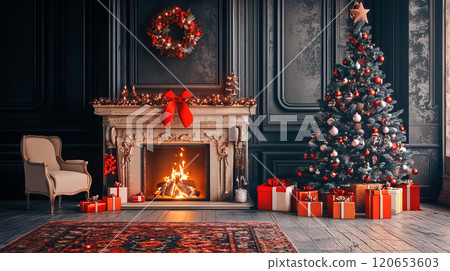 Room with fireplace, Christmas tree and gift boxes 120653603