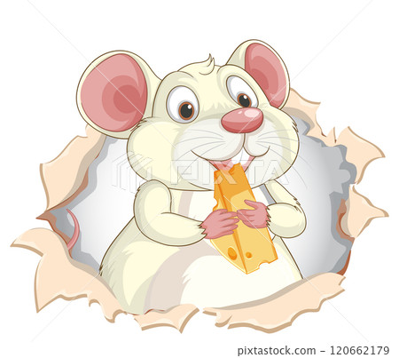 Cheerful Mouse Enjoying a Cheese Snack 120662179