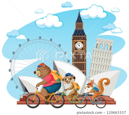 Animals Biking Around World Landmarks 120663337