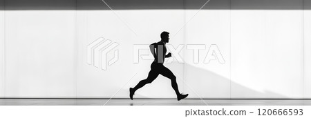 Black and white silhouette of male athlete running with speed and determination against a clean white background, showcasing the power and grace of human movement in a modern urban setting 120666593