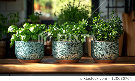 gardening on kitchen potted of aromatic plants 120680704