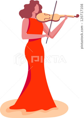 Female violinist in a red gown plays gracefully on stage, captivating the audience with her music 120717108