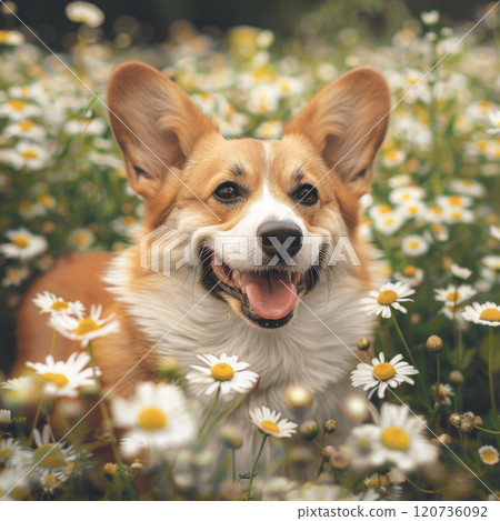 A Smiling Corgi Surrounded by Daisies 120736092