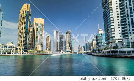 Dubai Marina towers and canal in Dubai timelapse hyperlapse 120738672