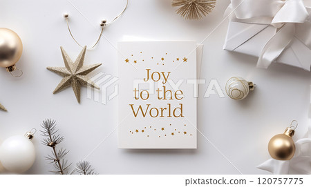 A minimalist Christmas card with 'Joy to the World' in elegant gold foil against a crisp white background, complemented by a single gold star icon. AI generated. 120757775