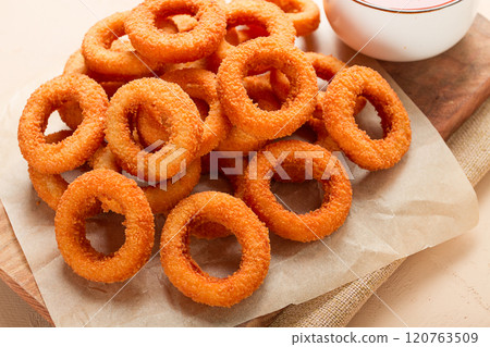 Fried onion rings, deep-fried, snack, no people, selective focus, 120763509