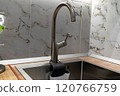 Modern kitchen faucet with sponge holder and marble tile backsplash 120766759