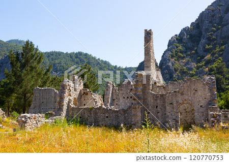 Landscape of the ancient city of Olympos. With remaining ruins of walls. Turkey 120770753