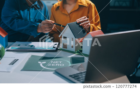 ESG environmental social governance display on laptop on eco-friendly company meeting with business people implementing environmental protection for clean and sustainable future ecology. Trailblazing 120777274