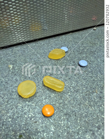 Dropped Sweets Wine Gums on the Floor of a Council Flat Dirty Lift Floor 120782932