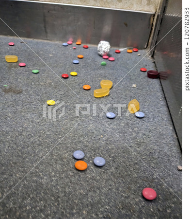 Dropped Sweets Wine Gums on the Floor of a Council Flat Dirty Lift Floor 120782933