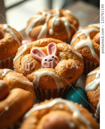 Cute bunny cupcakes decorated for a festive celebration at a local bakery in spring 120791140