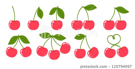 Cherry. Cartoon red cherries. Cute ripe berry with green leaves in different sides. Summer fruit. Spring seasonal natural food decor. Garden berries. Vector set 120794097