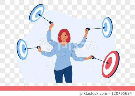 Business woman works in multitasking mode, and uses several hands to hit all targets at same time 120795684