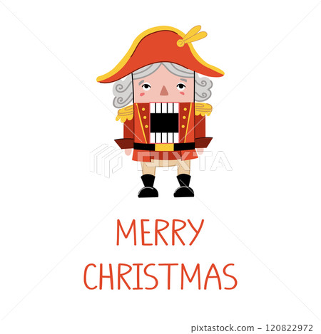 Simple Christmas card template. An illustration of a cute retro style nutcracker and text. 120822972