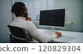 African American stockbroker in headset analyzes financial charts and diagrams on computer 120829304