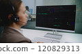 Female financial specialist talks on headset with investor, analyzes share market and stocks on computer 120829313