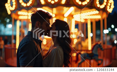 Couple shares a romantic kiss under the glowing lights of a carousel at sunset in a lively park 120833144