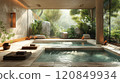 A tranquil spa room with two pools and large windows overlooking lush greenery. 120849934