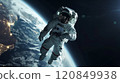 Astronaut dressed in spacesuit, surveys vastness of space with Earth's surface as stunning backdrop 120849938