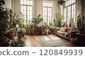 Cozy living room interior with large windows, lush green plants, comfortable furniture, and natural light, creating a serene and inviting atmosphere 120849939