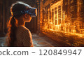 A child wearing virtual reality glasses interacts with a digital display showcasing historical architecture and information 120849947