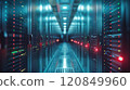 High-Tech Data Center With Illuminated Servers and Structured Aisles in Evening Setting 120849960