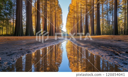 Golden metasequoia trees and puddles reflecting off each other. 120854041