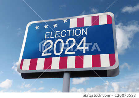 Road sign Election 2024 usa flag on blue sky. Freedom of choice, concept 120876558