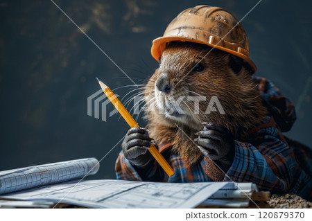 Beaver construction worker in safety orange helmet with serious expression holding blueprint and yellow pencil in paws isolated on brown background, architect working on building construction project 120879370