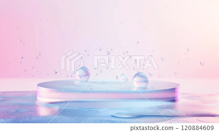 Abstract water droplets on circular surface with pastel gradient background 120884609