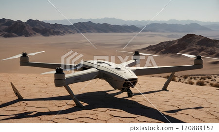 A drone rests on arid terrain while capturing stunning aerial views of vast desert landscapes under a clear blue sky. Generative AI 120889152