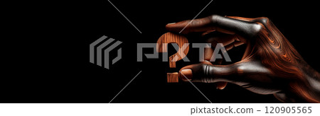 Wooden Hand Holding a Wooden Question Mark on a Black Background - Generative Ai 120905565