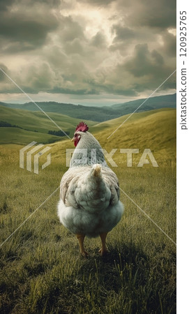 Chicken standing in a grassy field with rolling hills and cloudy sky, serene rural landscape. Nature and agriculture concept 120925765