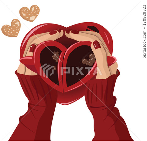 Cup in female hands, top view. Vector illustration isolated on white background. 120929823