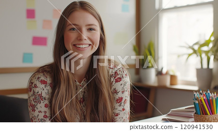 Professional young woman smiling in office setting, ideal for business and lifestyle content 120941530