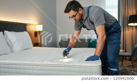 Professional pest control inspection on mattress in hotel room setting 120942006