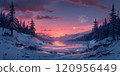 Painting depicting a sunset casting warm hues over a snowy lake, creating a serene winter scene 120956449