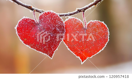 A pair of red heart-shaped leaves hanging on a branch, with snowflakes covering them. 120957418